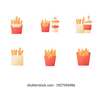 French fries and coffee takeout vector flat color icon set. Tea and fried potato offer. Fast food delivery. Cartoon style clip art for mobile app pack. Isolated RGB illustration bundle