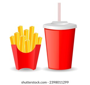 French fries and cola drink, fast food vector cartoon isolated on white background, fastfood flat illustration, food package template