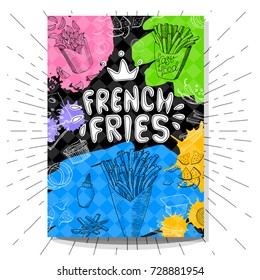 French fries colorful cafe poster. Bright Cool food sketches composition. Fast food labels. Fries, french fries, cheese. Hand drawn vector illustration.