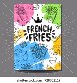 French fries colorful cafe poster. Bright Cool food sketches composition. Fast food labels. Fries, french fries, cheese. Hand drawn vector illustration.
