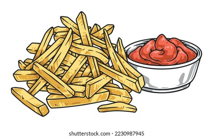 French fries colorful vintage emblem pile of crispy fried potatoes and bowl of tomato ketchup vector illustration