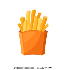 French Fries concept. Colorful sticker with potato sticks in red package. Delicious fast food. Harmful fatty dish. Snack or lunch. Cartoon flat vector illustration isolated on white background