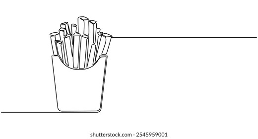 Batatas fritas em linha contínua estilo de desenho de arte. Batata frita varas esboço linear preto minimalista isolado no fundo branco. Ilustração vetorial, FRENCH FRIES LINE ICON, Continuous one line.