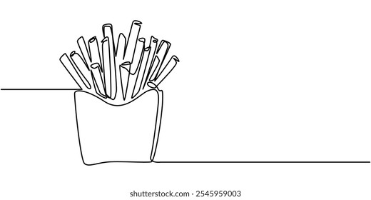 Batatas fritas em linha contínua estilo de desenho de arte. Batata frita varas esboço linear preto minimalista isolado no fundo branco. Ilustração vetorial, FRENCH FRIES LINE ICON, Continuous one line.