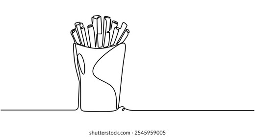 Batatas fritas em linha contínua estilo de desenho de arte. Batata frita varas esboço linear preto minimalista isolado no fundo branco. Ilustração vetorial, FRENCH FRIES LINE ICON, Continuous one line.