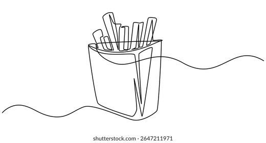 Batatas fritas ilustração contínua linha arte, desenho contínuo uma linha de batatas fritas. Ilustração de desenho de linha única de fritas gordurosas fast food. Junk food conceito vetor arte. Linha de doodle