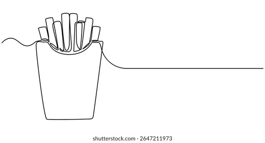 Batatas fritas ilustração contínua linha arte, desenho contínuo uma linha de batatas fritas. Ilustração de desenho de linha única de fritas gordurosas fast food. Junk food conceito vetor arte. Linha de doodle