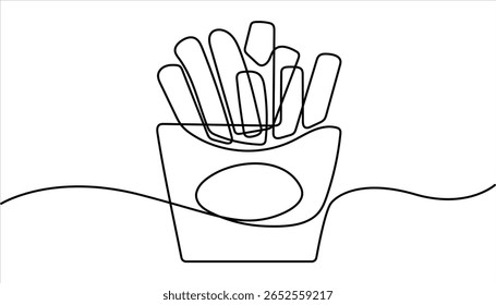 Batatas fritas no estilo de desenho de arte de linha contínua. ilustração de desenho de uma linha contínua minimalista de batatas fritas. Batatas fritas em estilo moderno de desenho de linha única, em arte de linha contínua.