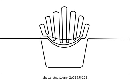 Batatas fritas no estilo de desenho de arte de linha contínua. ilustração de desenho de uma linha contínua minimalista de batatas fritas. Batatas fritas em estilo moderno de desenho de linha única, em arte de linha contínua.