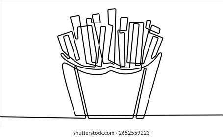 Batatas fritas no estilo de desenho de arte de linha contínua. ilustração de desenho de uma linha contínua minimalista de batatas fritas. Batatas fritas em estilo moderno de desenho de linha única, em arte de linha contínua.