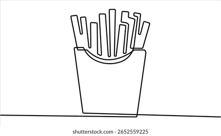 Batatas fritas no estilo de desenho de arte de linha contínua. ilustração de desenho de uma linha contínua minimalista de batatas fritas. Batatas fritas em estilo moderno de desenho de linha única, em arte de linha contínua.