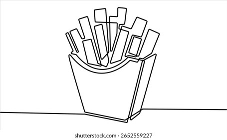 Batatas fritas no estilo de desenho de arte de linha contínua. ilustração de desenho de uma linha contínua minimalista de batatas fritas. Batatas fritas em estilo moderno de desenho de linha única, em arte de linha contínua.