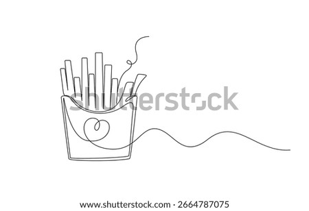 French fries in continuous line art drawing style. Fried potato sticks ,one continuous drawn line of French fries drawn from the hand picture silhouette. Line art. fast food food potato cooked