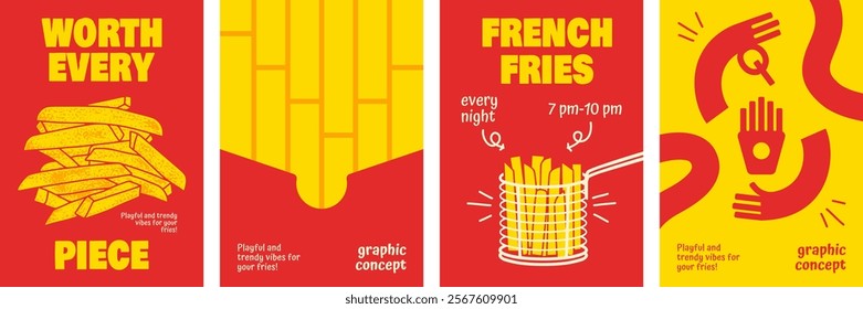 French Fries Cover Designs with Bold Typography and Vibrant Red-Yellow Themes.