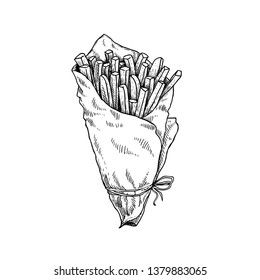 French fries in craft paper cone. Sketch style hand drawn illustration. Fried potato. Fast food retro artwork. Vector image Isolated on white.