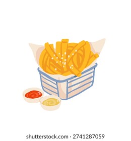 French fries. Crispy potato chips, sticks in a basket, dip sauces, ketchup in cup bowls. Fast food, snack. Flat cartoon vibrant illustrations for street food and takeaway concepts.