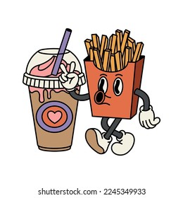  A french fries and a cup of coffee. Happy and cheerful emotions. Old animation 60s 70s, funny cartoon characters. Trendy Valentine's Day illustration in retro style. Vector on isolated background.