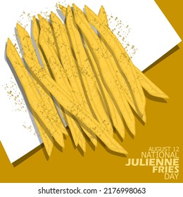 

French fries cut into thin strips almost the size of a matchstick named Julienne fries served on white paper with bold text on brown background, National Julienne Fries Day August 12