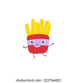 French fries cute smile. Hand drawn cartoon doodle kawaii fast food character. Childish illustration in a simple naive style. Vector isolate on white background. Perfect for printing