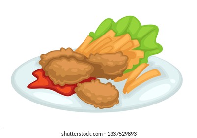 French fries and deep fried chicken cutlet ketchup and lettuce vector isolated meal on plate poultry meat dish potato and salad leaf