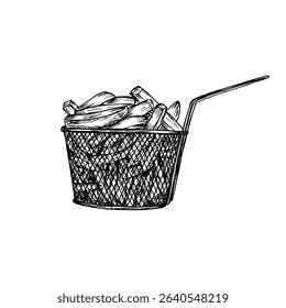 French fries in a deep fryer outline sketch illustration. Potato chips drawing in engraving style, fast food hand-drawn vector clipart