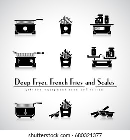 French fries, deep fryer and scales kitchen equipment flat icon collection. Fried potatoes in pack take away with sauce. Home fryers.
