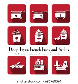 French fries, deep fryer and scales kitchen equipment flat colot square icon collection. Fried potatoes in pack take away with sauce. Home fryers. Libra.