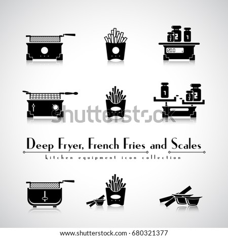 French fries, deep fryer and scales kitchen equipment flat icon collection. Fried potatoes in pack take away with sauce. Home fryers.