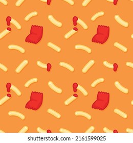 French fries dipped in tomato sauce kawaii doodle flat vector seamless pattern Gift Wrap wallpaper background
