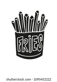 French fries doodle art with hand lettering for your print or digital design (cards, advertisement, apparel, signs, posters, banners, etc.) Cute modern illustrated icon.