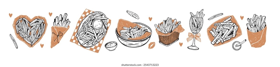 French fries doodle icon set, vector tasty street Paris food hand drawn illustration, fry potato. Delicious junk kitchen print, menu eatery decor design, cone package, cafe snack. French fries meal