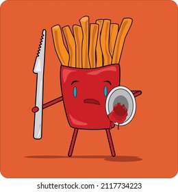 French fries doodle in a red wrapper holding a small cup of ketchup and a disposable knife. Illustration with light red background.
