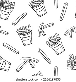 Pommes frites doodle nahtloses Muster. Einfache, handgezeichnete, schwarz-weiße Vektorgrafik mit fallendem Fastfood-Chips-Hintergrund. Schleifpapier, Verpackungskonzept