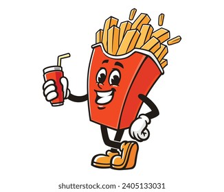 French fries with a drink cartoon mascot illustration character vector clip art