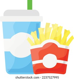 Französisches Fries- und Drink-Konzept, Fry Chips und kalte Vektorsymbol, Fast Food Symbol, Junk Food-Schild, beliebte preiswerte gute Geschmackssnacks Stockillustration 