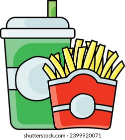 Französisches Fries- und Drink-Konzept, Fritteppiche und kalte Vektorsymbol-Design, Fastfood-Symbol, Grab and go Mahlzeiten-Schild, Stockillustration von Snacks aus dem Takeout