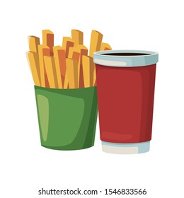 french fries and drink cup over white background, vector illustration