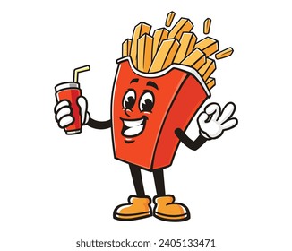 French fries with a drink and okay hand cartoon mascot illustration character vector clip art