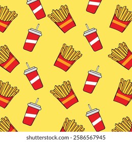 French fries and drink patterns on a yellow background are suitable for food backgrounds or packaging