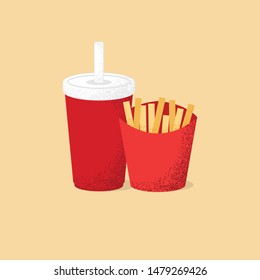 French fries and a drink in a red disposable cup it's party time minimal on Cream background