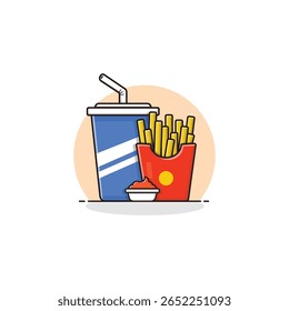 Fritas com Bebida e Molho Vetor Ilustração. Design de conceito Fast food