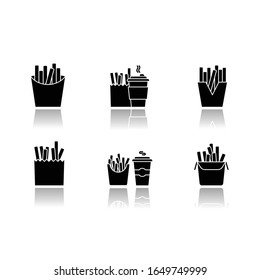 French fries drop shadow black glyph icons set. Fast food cafe menu. Fried potato in takeout paper packages. Take away meal and coffee to go. Isolated vector illustrations on white space
