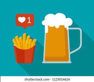 French fries fast food in red paper box and glass of lager beer, isolated with long shadow on blue background. Drink beer with your friends. Good for pub menu illustration. Cold beverage in hot day.
