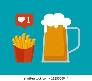 French fries fast food in red paper box and glass of lager beer, isolated on blue background. Drink beer with your friends. Good for pub menu illustration. Cold beverage in hot day. Vector flat design