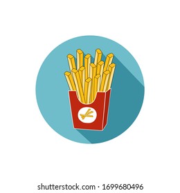 French fries fast food in a red package. Vector illustration, flat design with long shadow. 