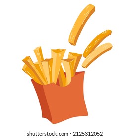 French fries. Fast food in a red packing box. Fried potatoes. Fatty, unhealthy food. Vector cartoon illustration isolated on the white background. 