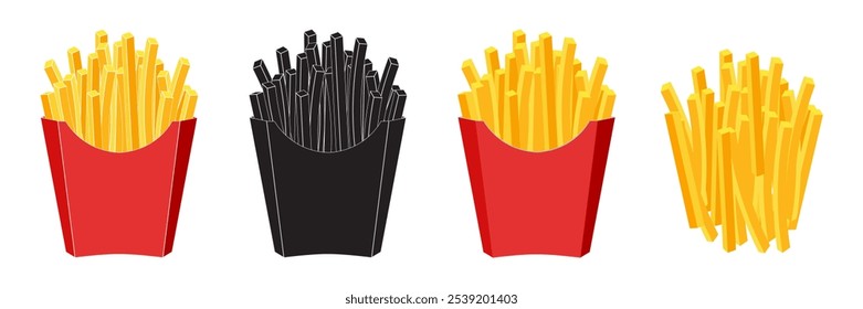 Batatas fritas em pacote vermelho. Ilustração de fast food de desenhos animados. Caixa de pacote de batata francesa.