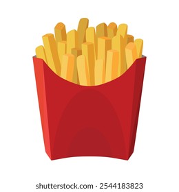 Batatas fritas. Fast food. Batatas fritas em embalagens de cartão vermelho. Comida de rua saborosa. Batatas fritas em estilo cartoon. Ilustração vetorial para design e web.