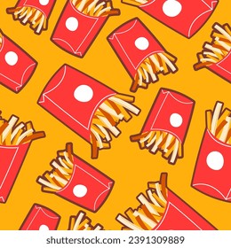 French fries fast food snacks in package. Tasty fried potato sticks with salt. Meal for lunch or dinner, dieting and nourishment. Seamless pattern print, background or wallpaper. Vector in flat style