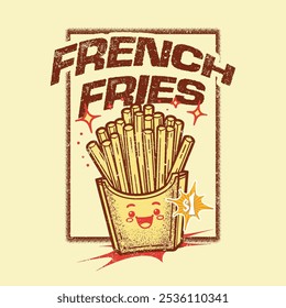 French Fries Fast food tee design, Crispy y deliciosa obra de arte de comida rápida, impresión de ilustración de eslogan de papas fritas francés Patrón de Vector de texto gráfico para mujeres, hombres y niños camiseta y pegatina
